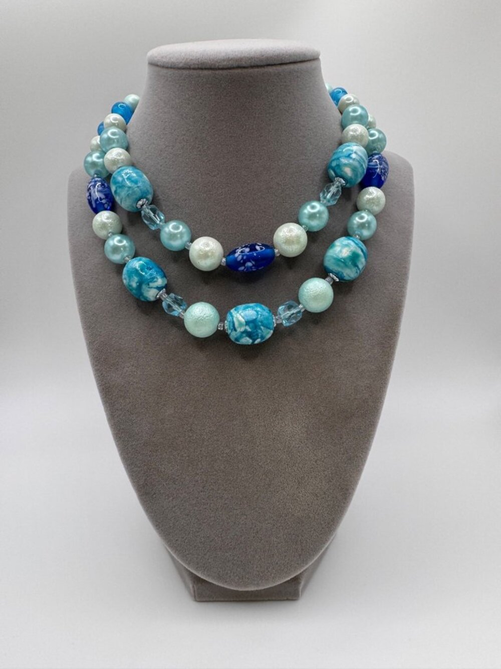 Vintage Signed Japan Blue Aqua Beaded Necklace 2 Strand Glass Acrylic 13” 15”